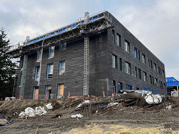 用深色砖石和建筑材料建造的三层楼房